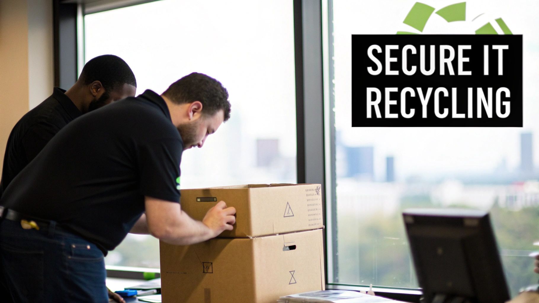 Two men are preparing cardboard boxes, likely for secure IT recycling, in an office.