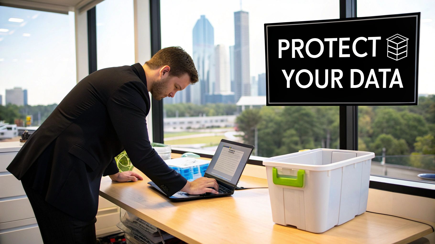 Business professional working on a laptop in an office with a 'Protect Your Data' sign.