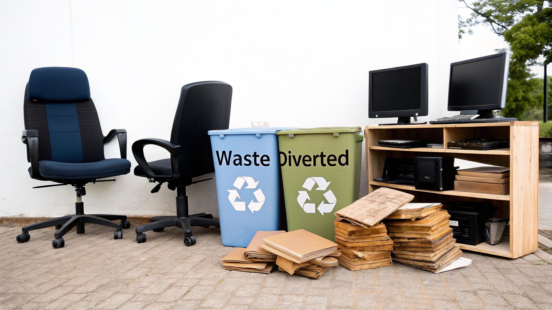 Eco-friendly disposal of construction debris with separated piles of materials.