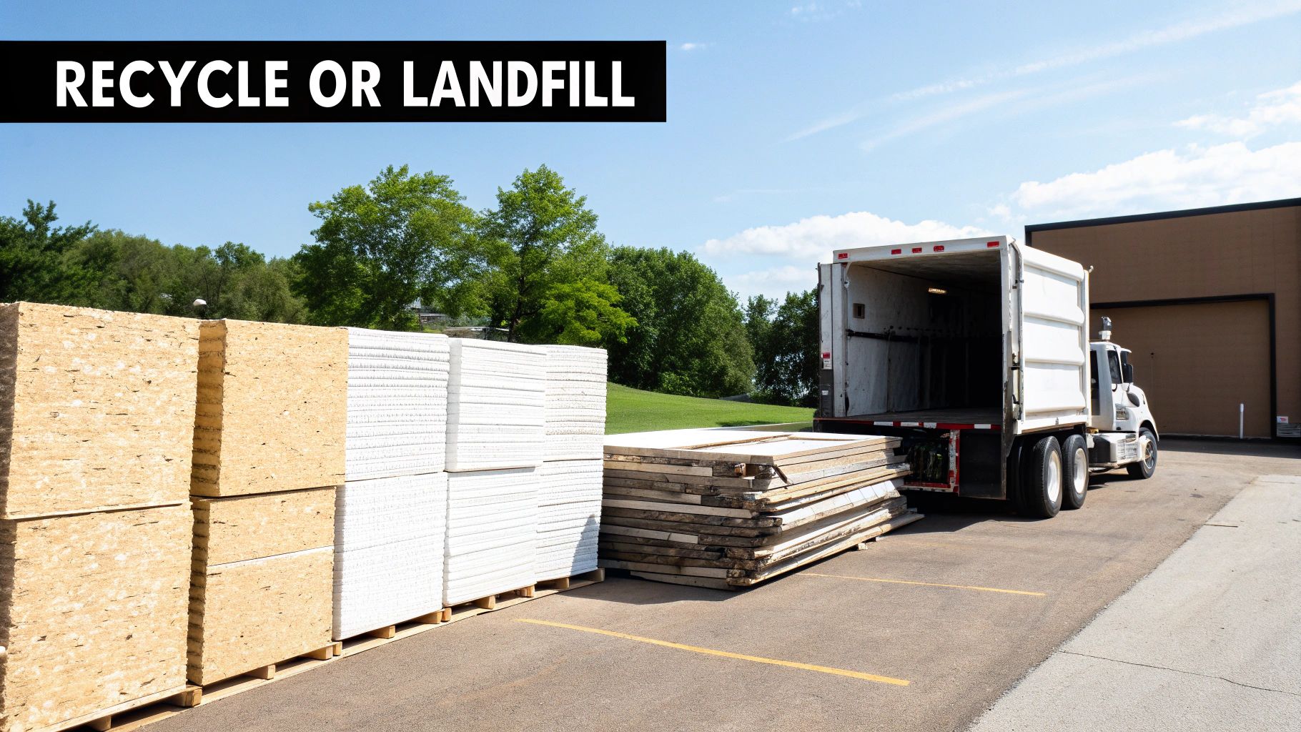 Stacks of building materials, including white and brown panels, next to an open truck with 'RECYCLE OR LANDFILL' text.