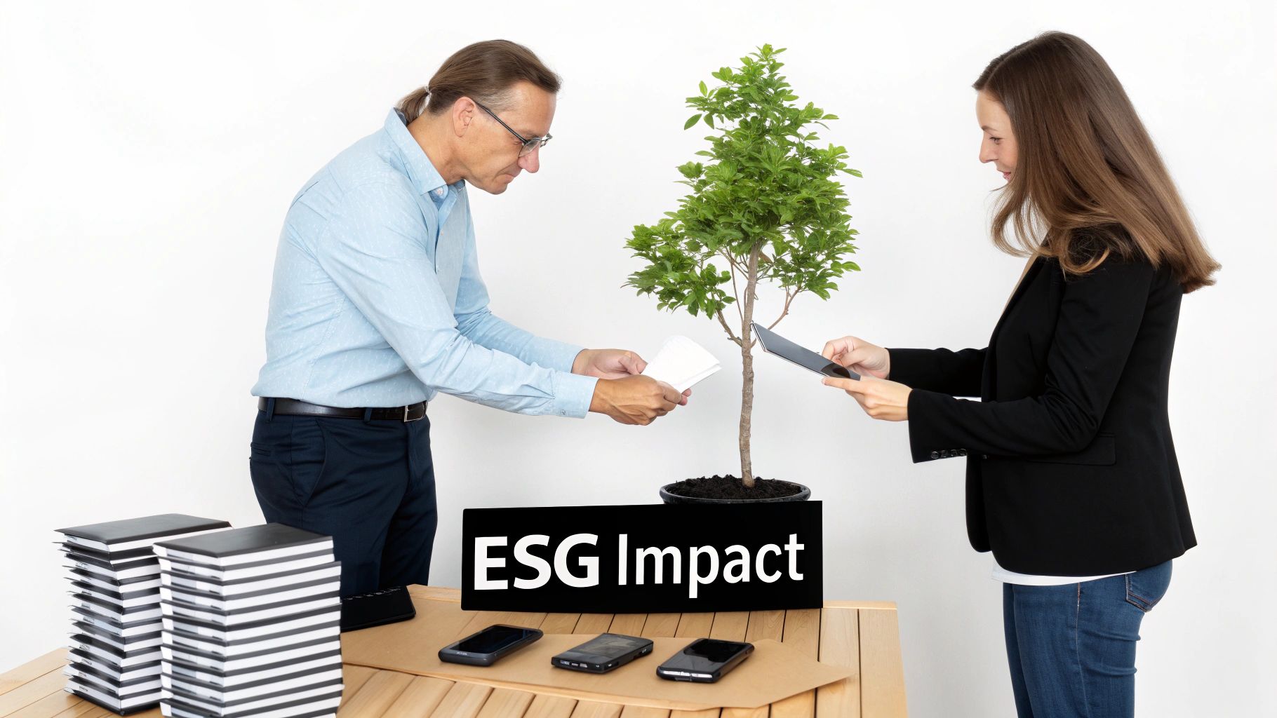 Two business people collaborate on ESG impact, with a man holding a clipboard and a woman using a tablet near a potted tree.