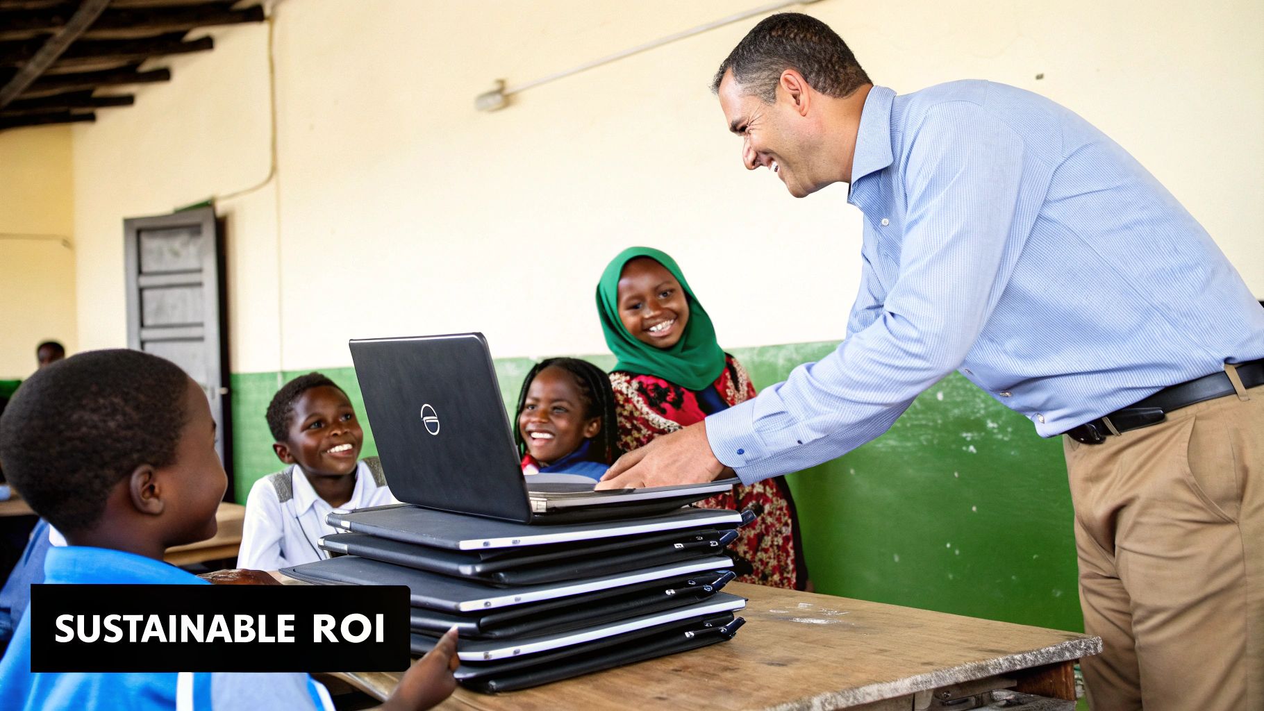 An adult shows a laptop to delighted children in a classroom, surrounded by more devices.