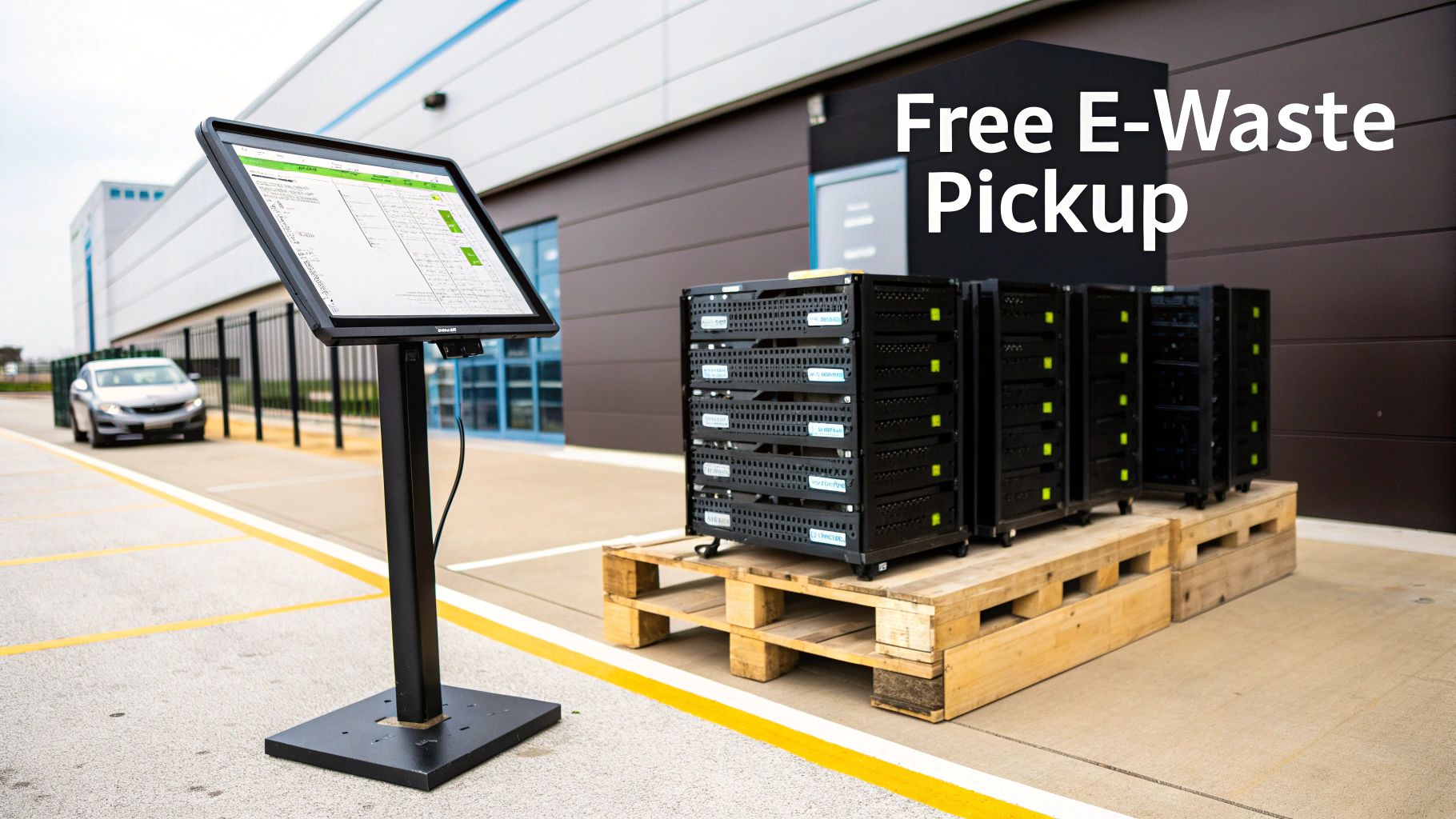 Outdoor scene featuring a digital kiosk, stacked e-waste containers, and a 'Free E-Waste Pickup' sign.