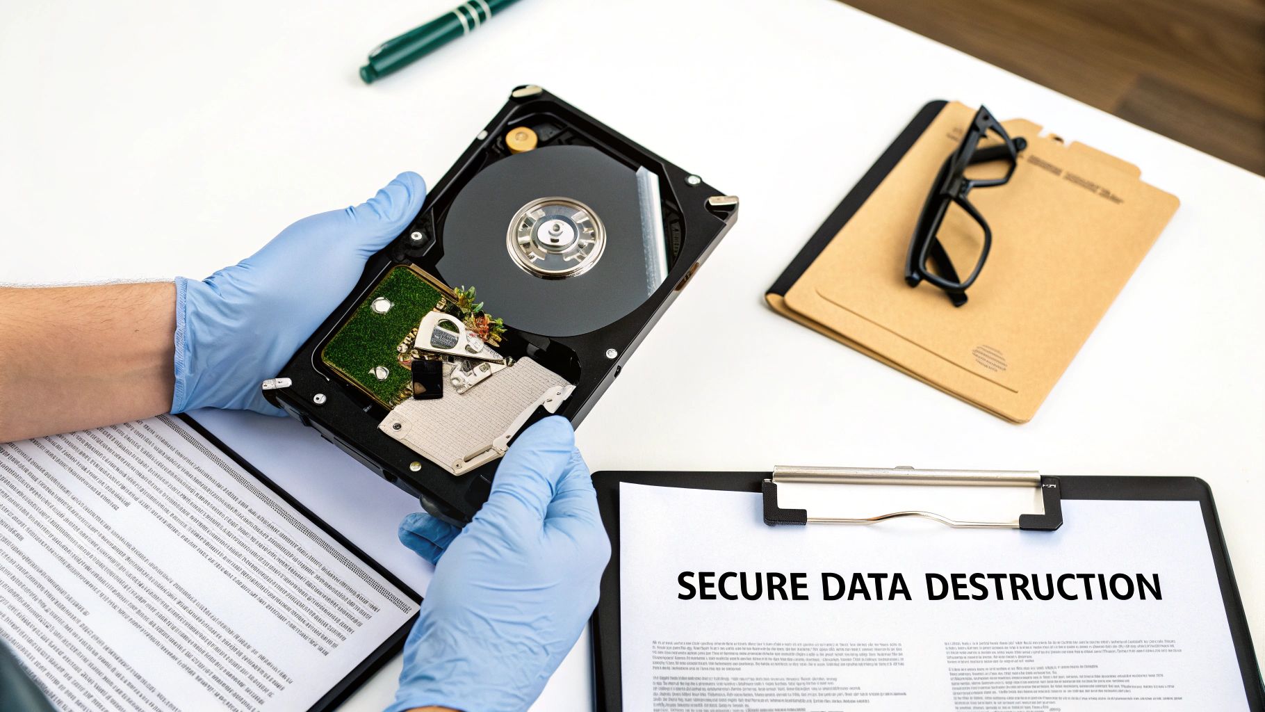 Gloved hands hold an open hard drive, alongside documents discussing secure data destruction on a white desk.