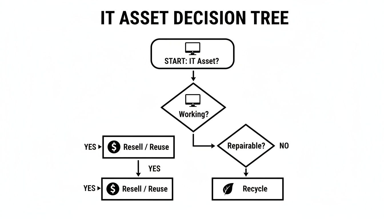 A flowchart outlining the decision process for IT assets, including working, repairable, resell, reuse, and recycle options.