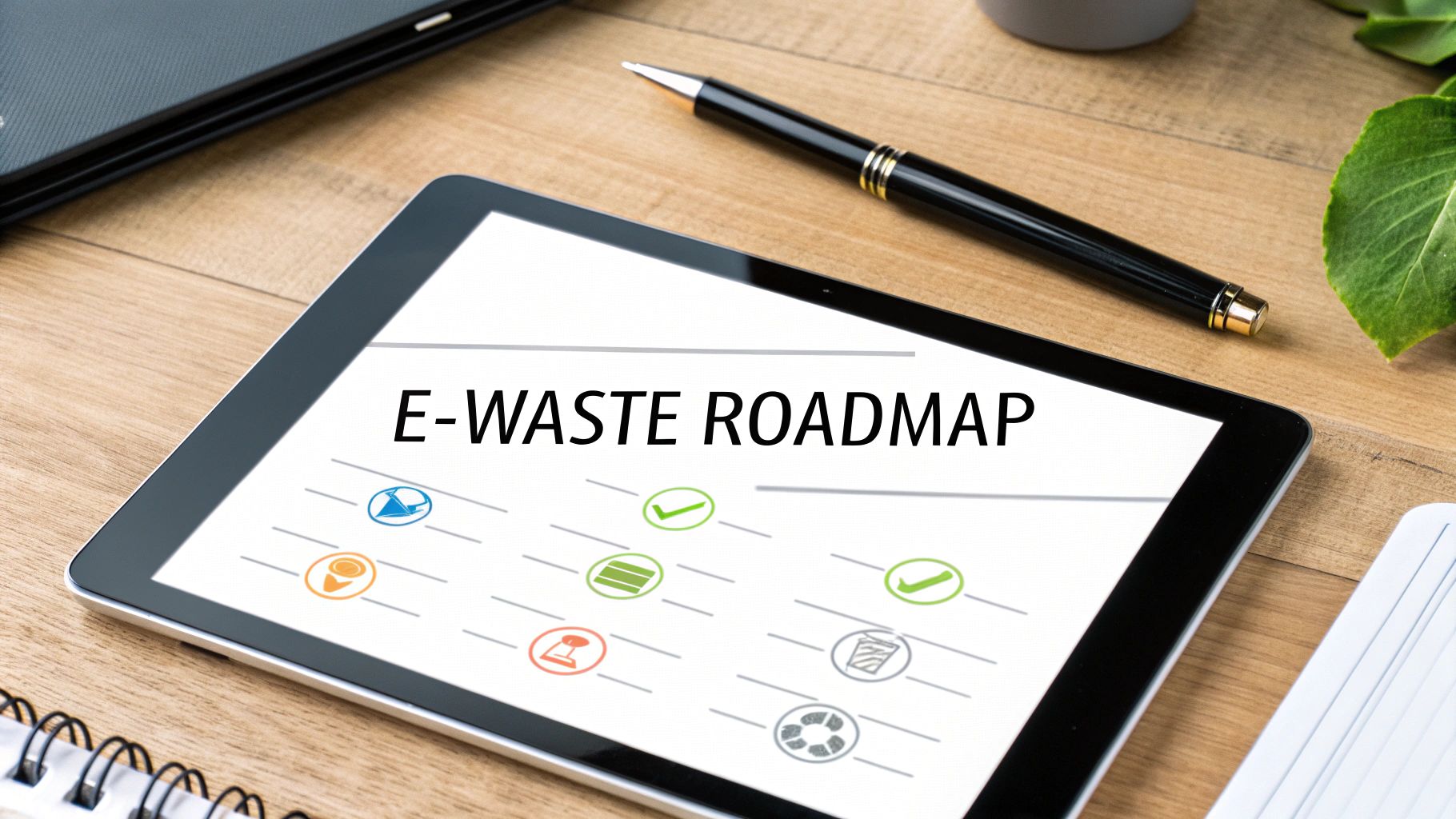 Tablet on a wooden desk displaying an 'E-WASTE ROADMAP' with various icons, next to a pen.