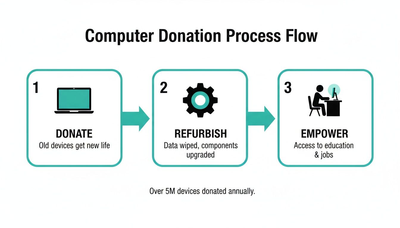Infographic illustrating the computer donation, refurbishment, and empowerment process flow.