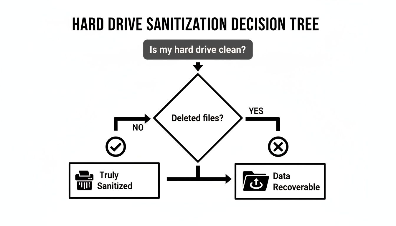 A decision tree illustrating hard drive sanitization outcomes, distinguishing between truly sanitized and recoverable data based on file deletion status.