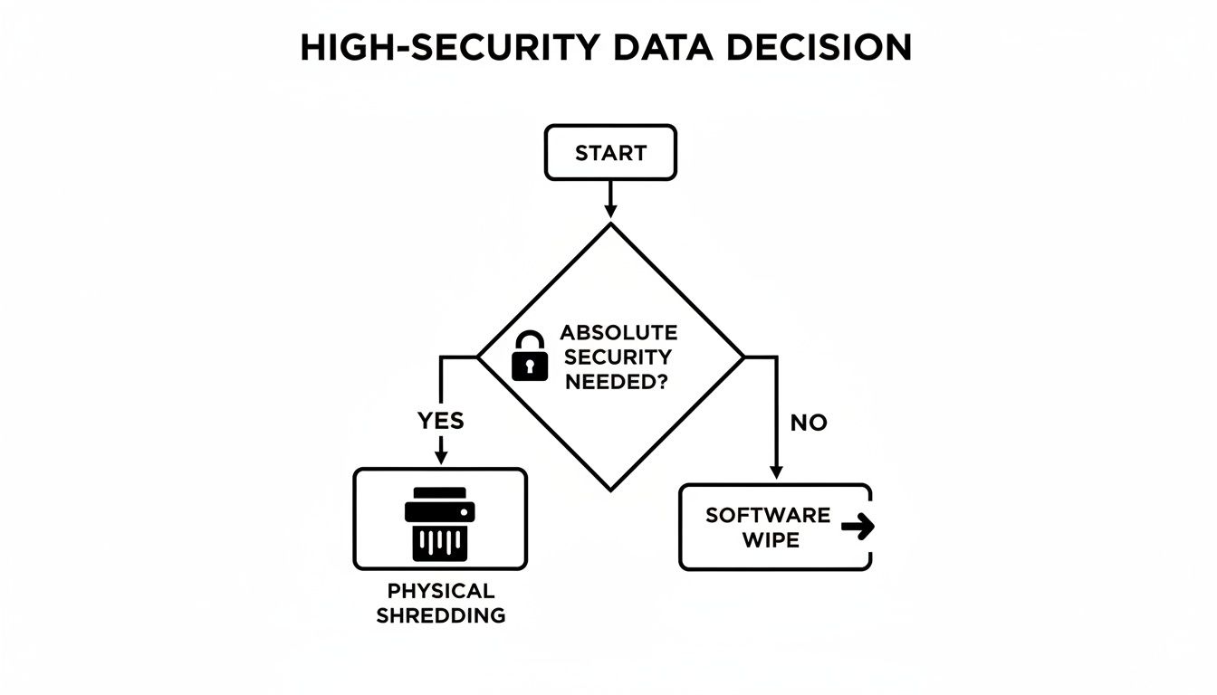 A flowchart titled 'HIGH-SECURITY DATA DECISION' illustrates steps for data destruction based on security needs.