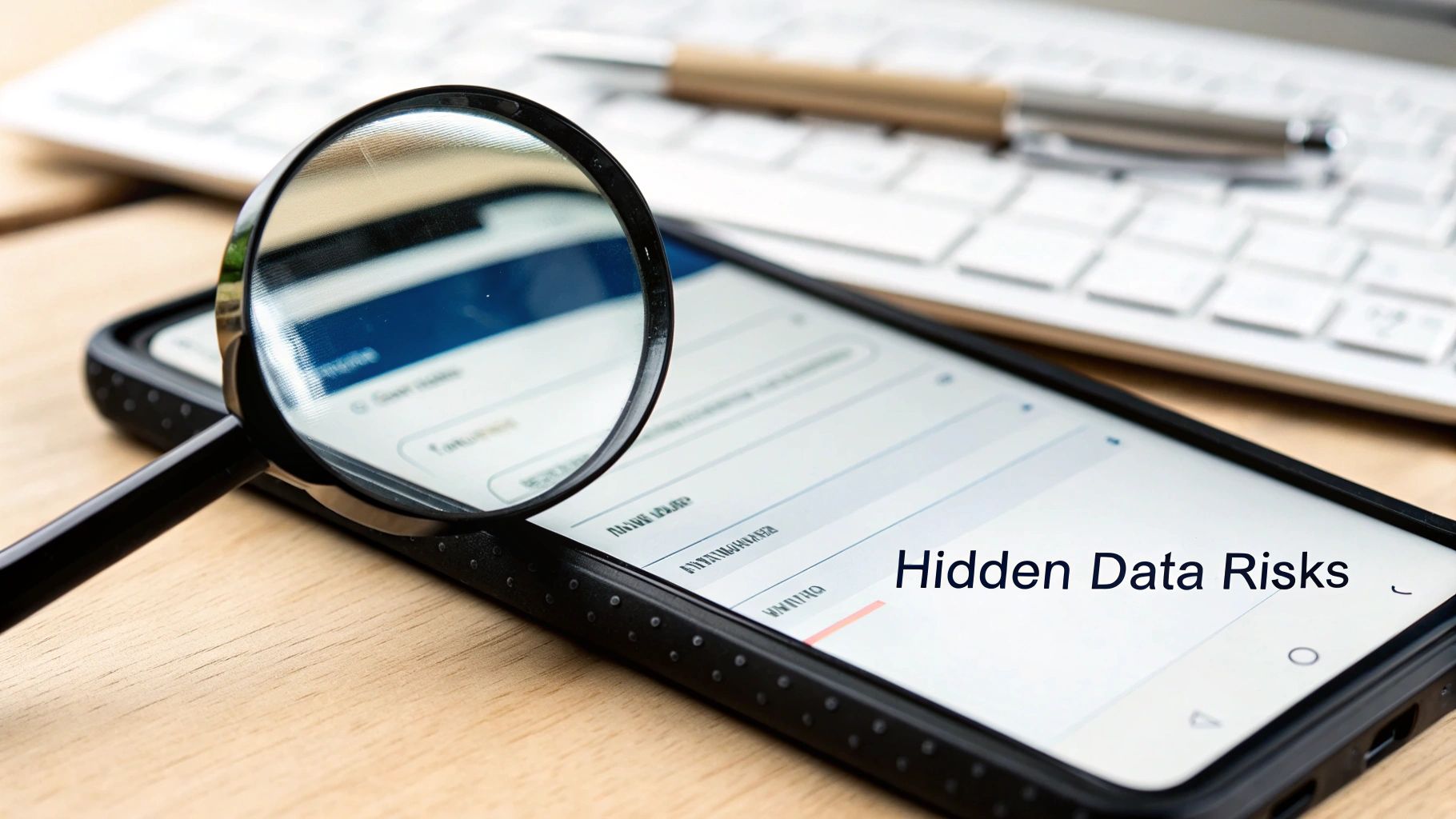 A magnifying glass examining a smartphone screen displaying 'Hidden Data Risks' text, with a keyboard in the background.