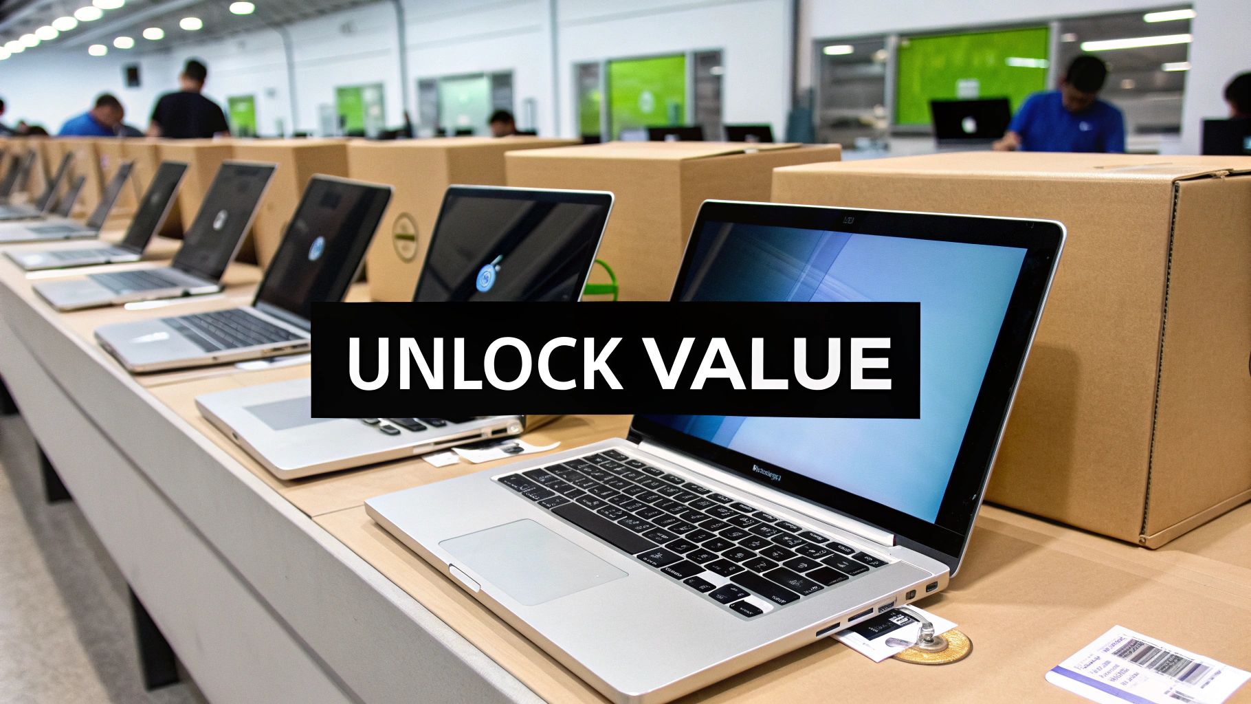 A long table filled with numerous silver laptops and cardboard boxes, with an 'UNLOCK VALUE' banner.