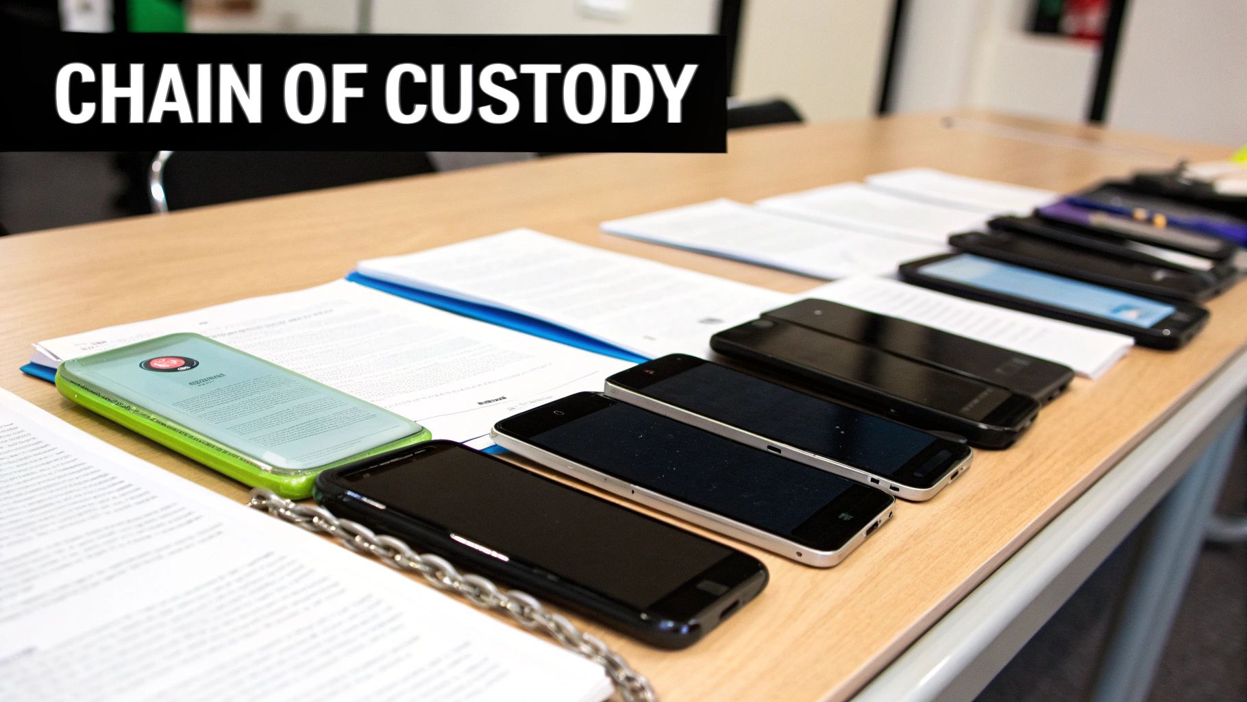 Multiple smartphones arranged on desk with documents labeled chain of custody for evidence tracking