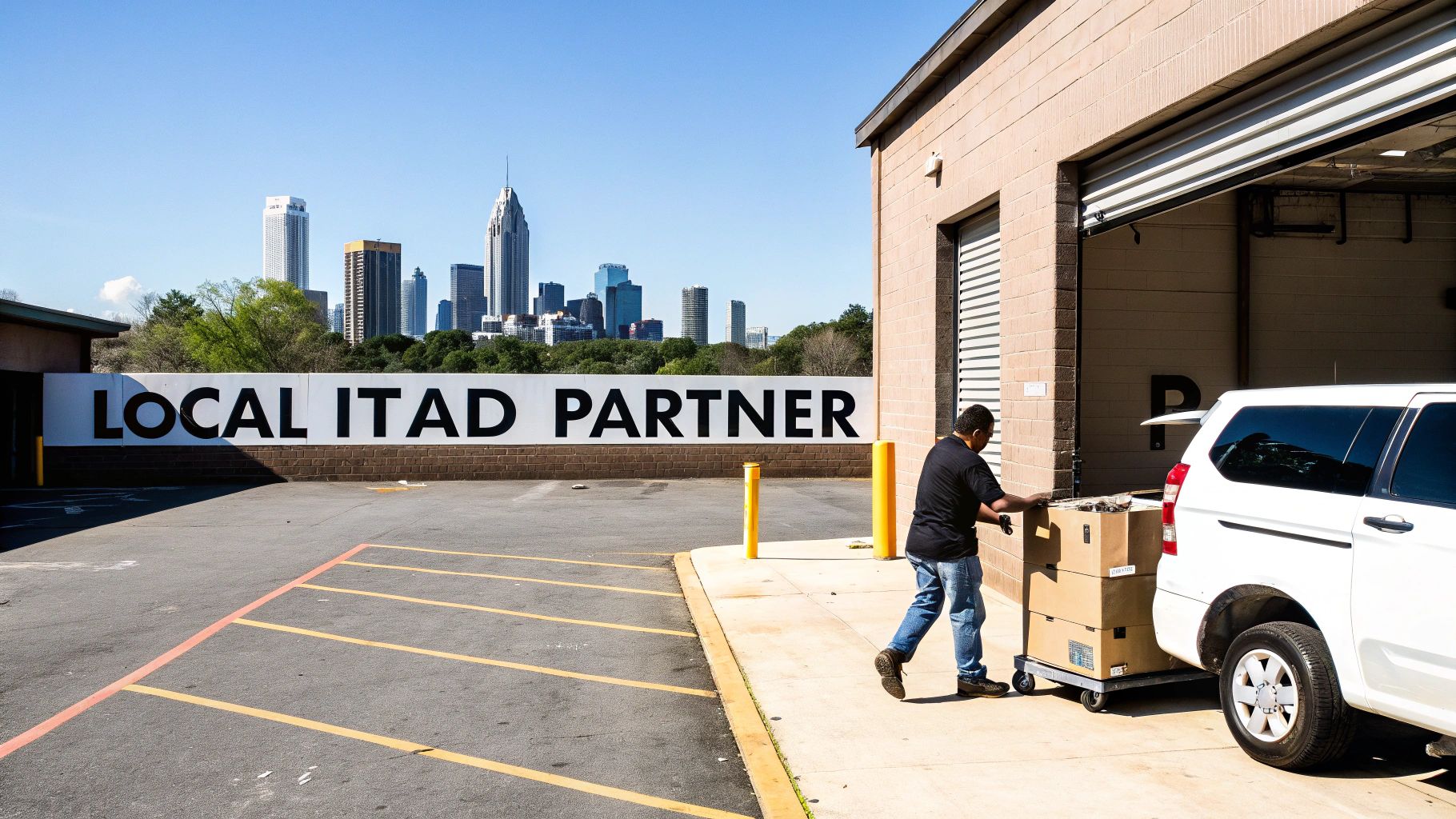 A man loads ITAD boxes onto a white van at a facility with a city skyline backdrop.
