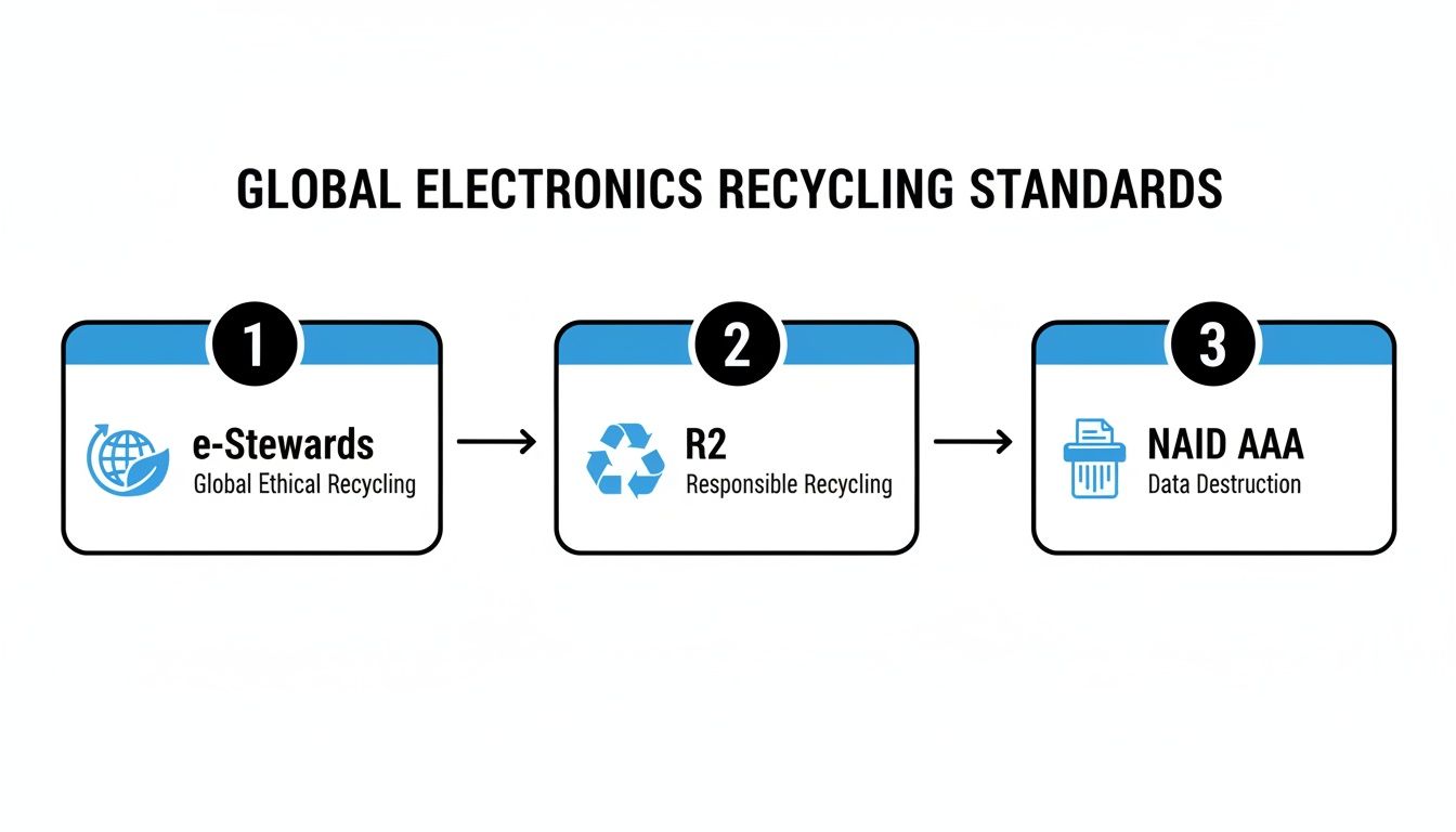 A flowchart illustrating global electronics recycling standards: e-Stewards, R2, and NAID AAA for data destruction.