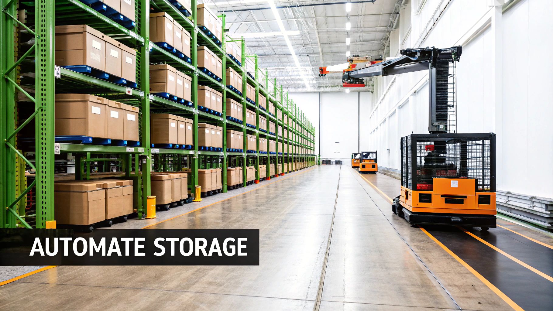 Modern automated warehouse with robotic forklifts, green storage racks, and brown boxes, emphasizing automation.