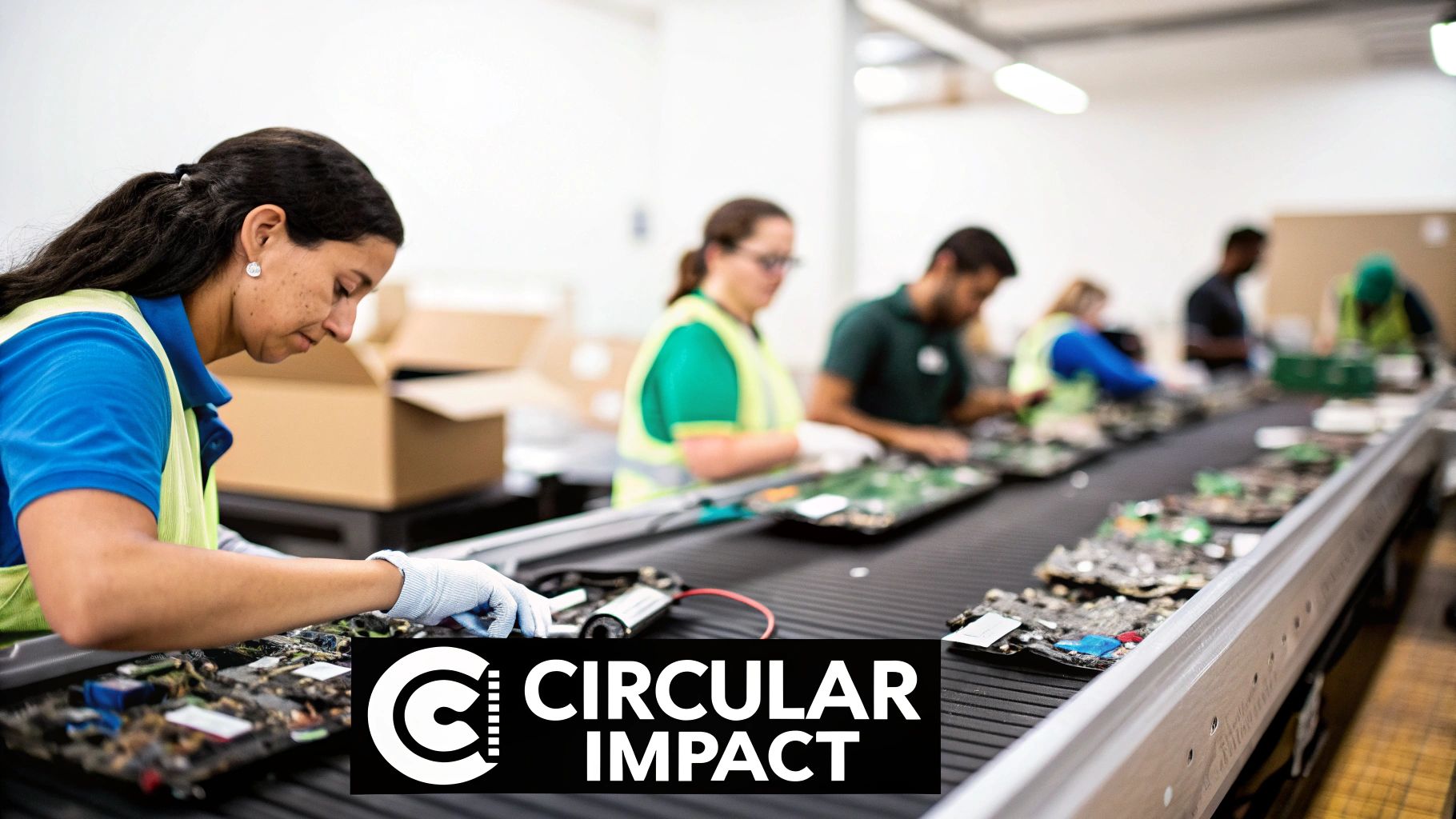 Workers sort electronic components on an assembly line, demonstrating e-waste recycling and circular impact.