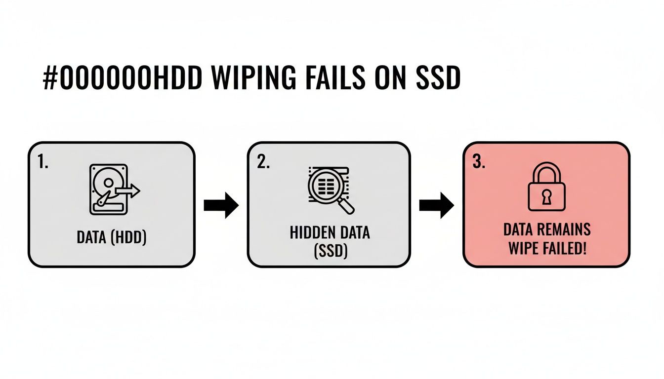 Flowchart illustrating why traditional HDD data wiping methods are ineffective on SSDs, leaving data hidden and un-wiped.