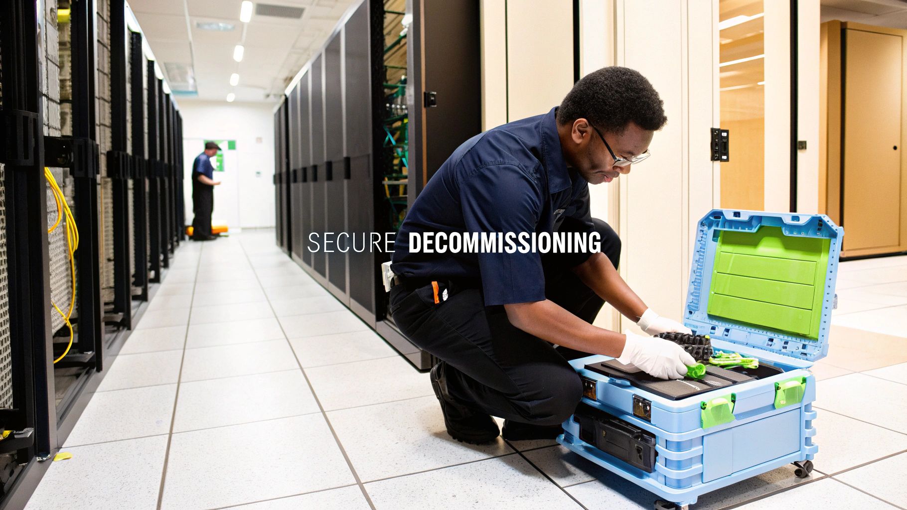 A technician in a data center performs secure decommissioning, working with tools in a portable blue case.