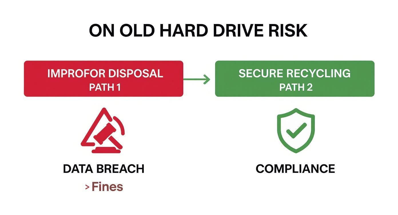 Diagram illustrating two paths for old hard drive disposal: improper disposal causes data breaches and fines; secure recycling ensures compliance.