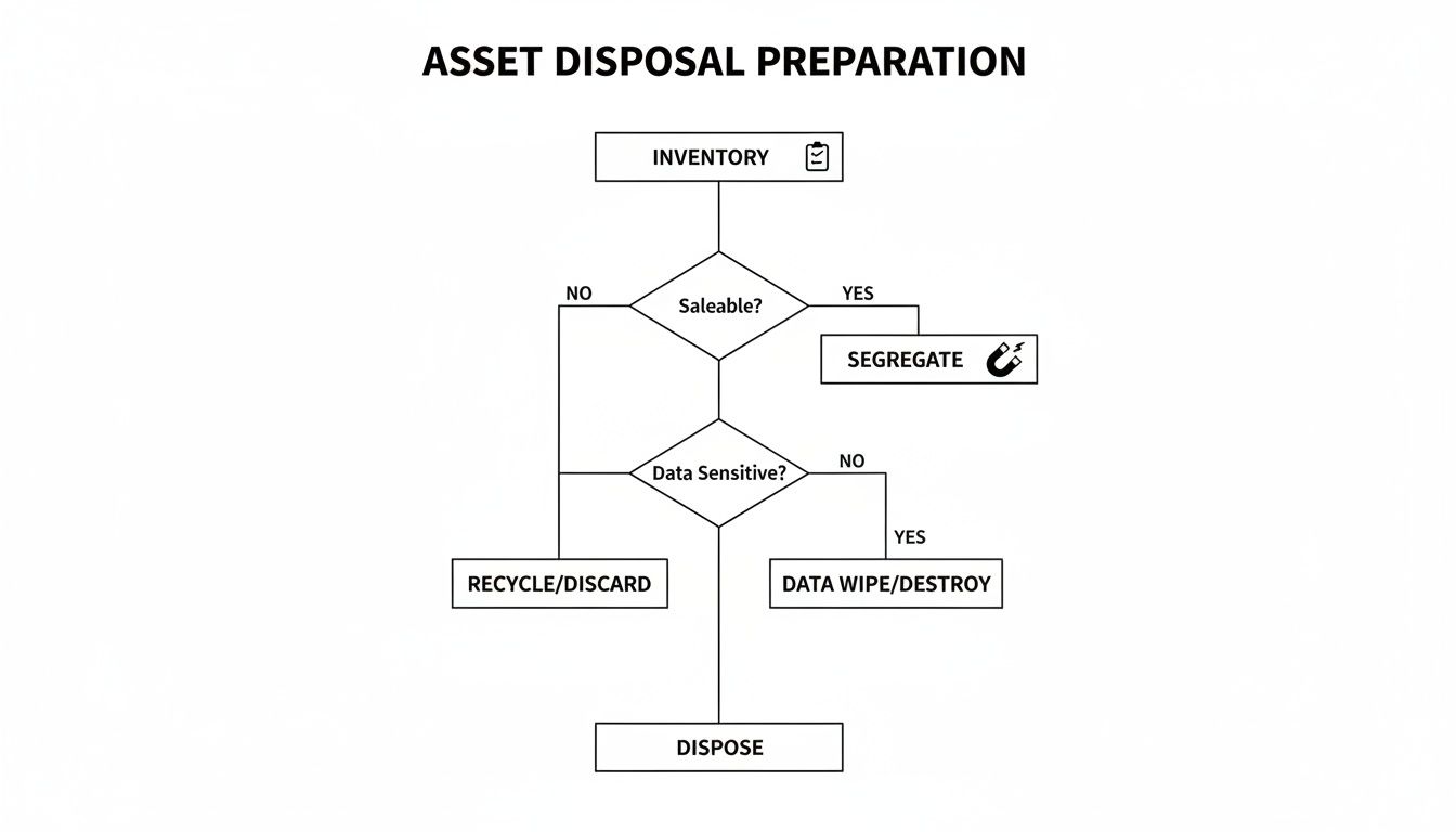 Flowchart outlining the asset disposal preparation process, including inventory, saleability, data sensitivity, and disposal methods.