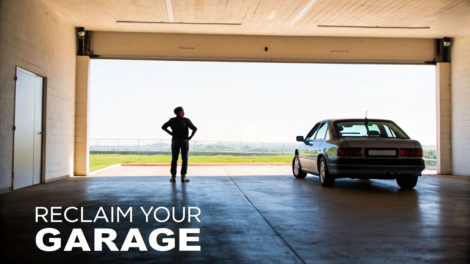 A neatly organized modern garage with cabinets, shelving, and a clean floor.