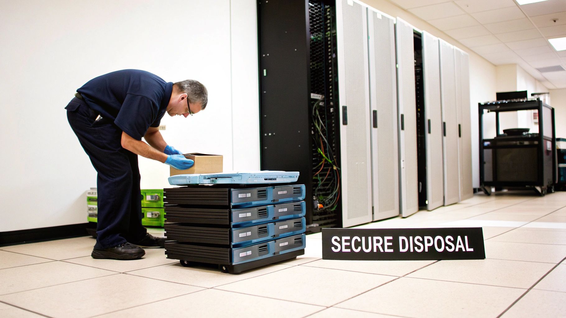 A man in blue gloves securely disposing of electronic equipment in a data center.