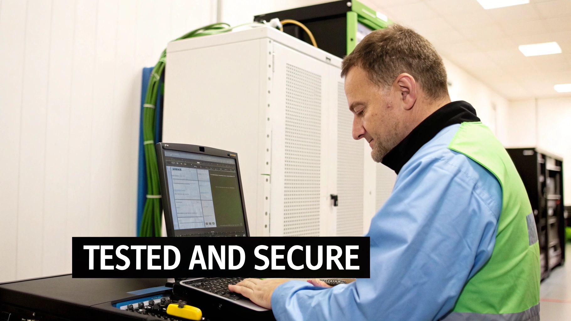 A technician in a blue shirt and green vest works on a laptop in a server room, surrounded by racks.