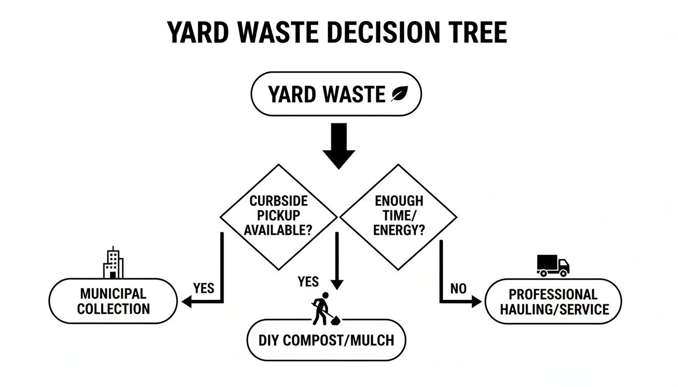 A yard waste decision tree flowchart detailing options for disposal: municipal collection, DIY compost, or professional hauling.
