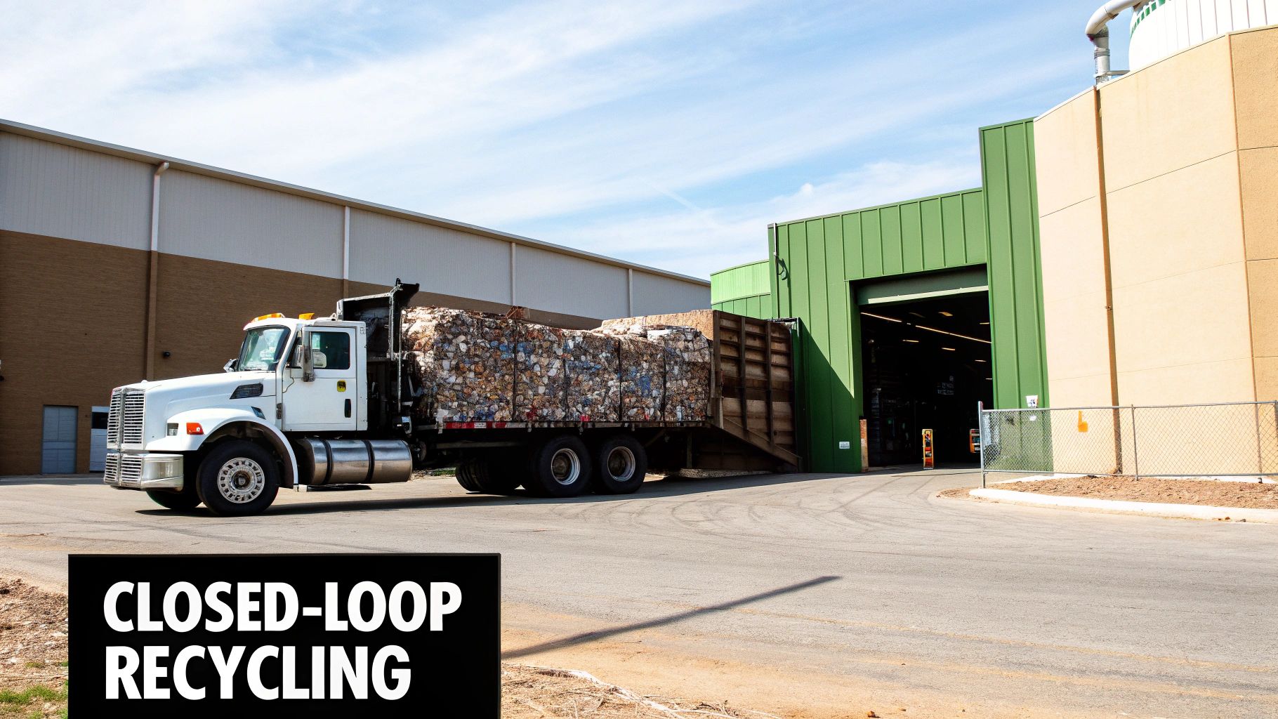 A circular economy diagram showing the process of collection, sorting, recycling, and remanufacturing, representing a closed-loop system.