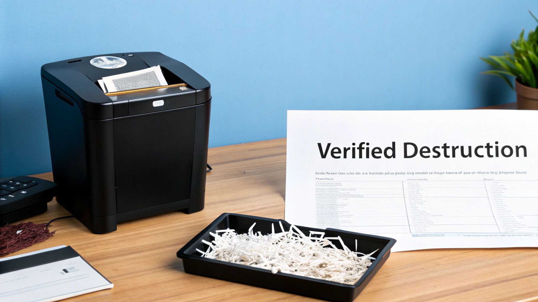 A paper shredder processes documents, with a tray of shredded paper and a 'Verified Destruction' certificate on a wooden desk.