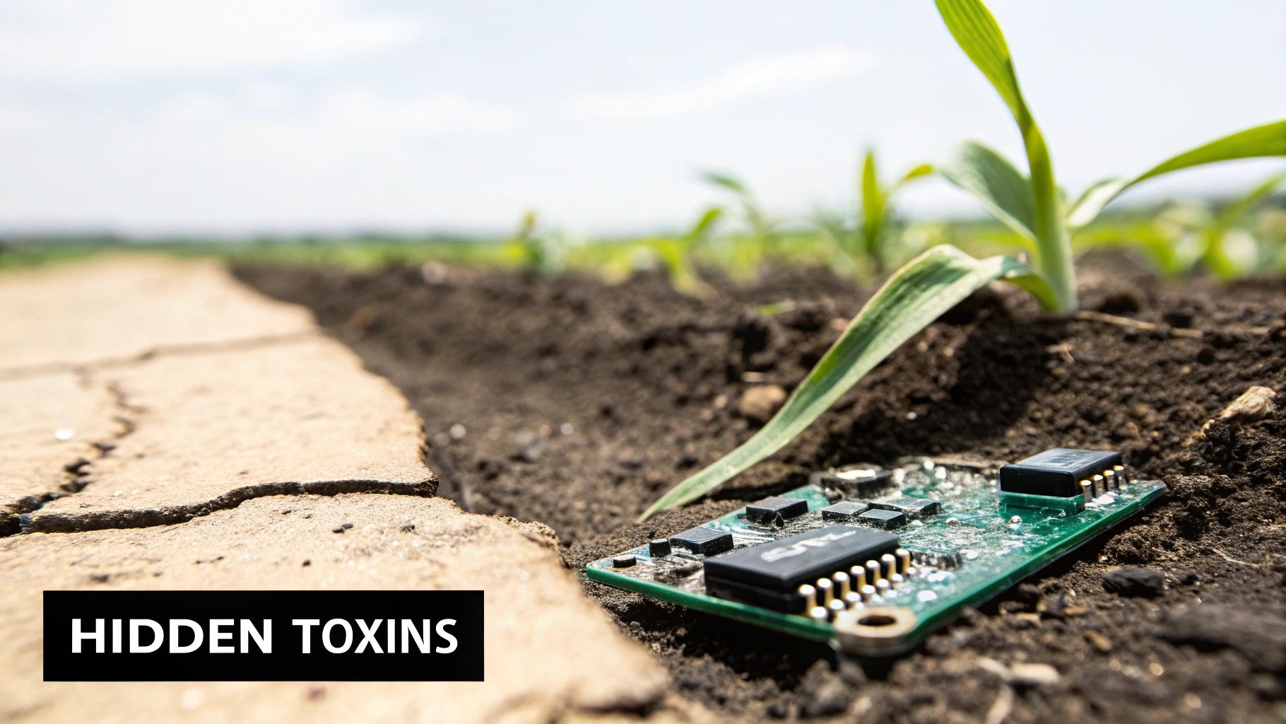Electronic circuit board partially buried in soil next to a young plant, depicting environmental impact.