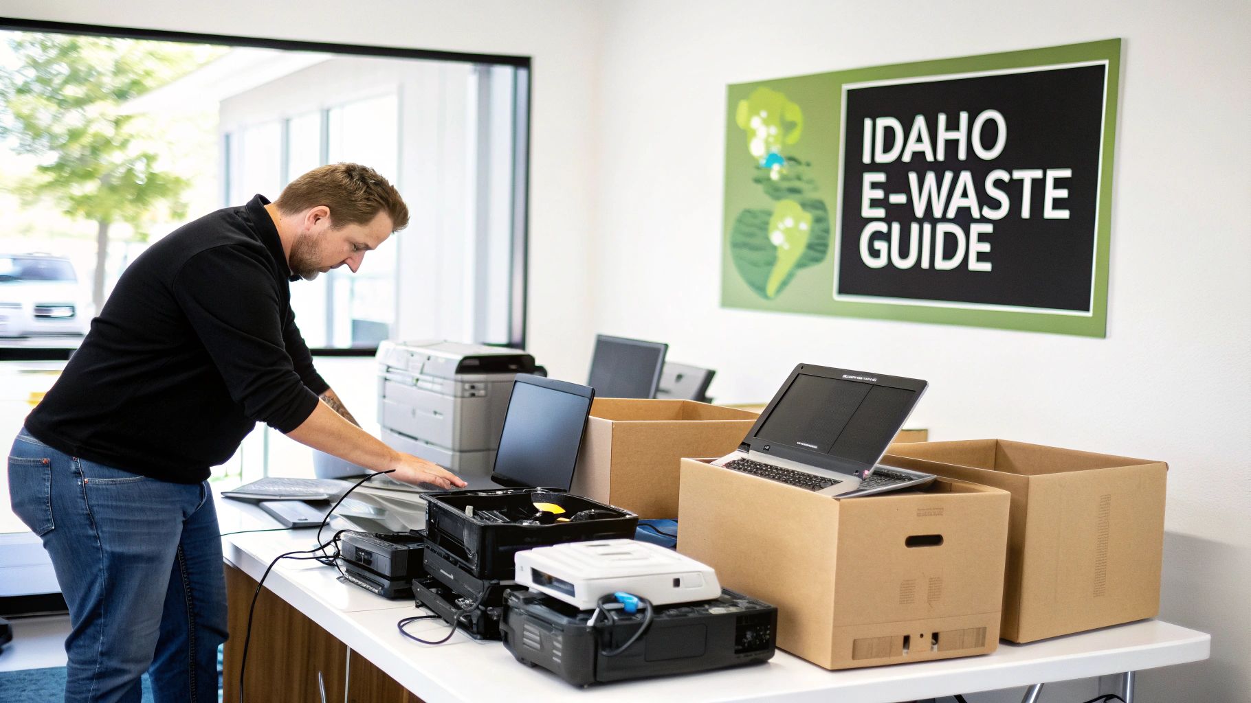 A man sorts old electronics like laptops and printers for recycling on a table in an Idaho facility.