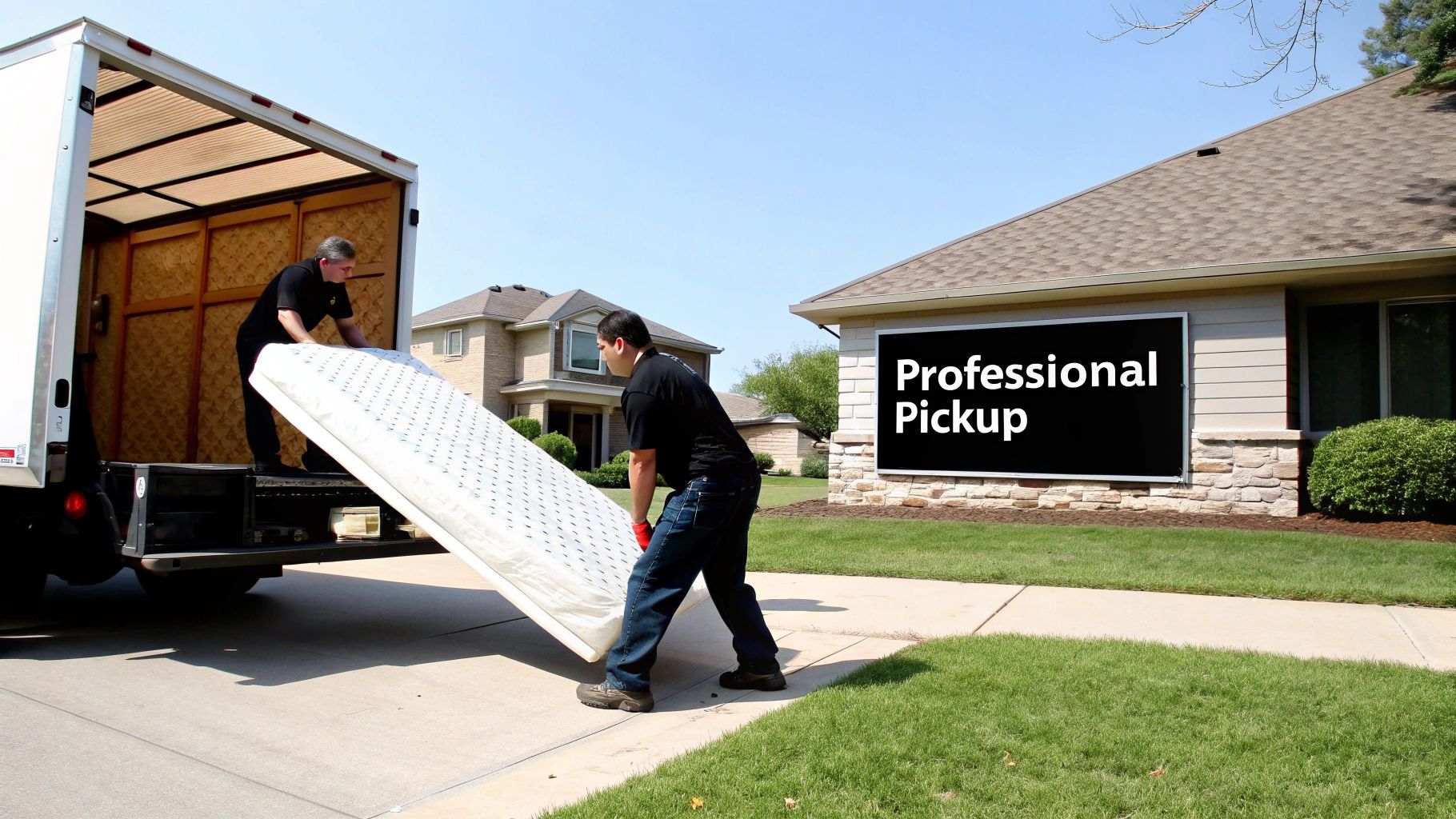 Two professional movers are loading a large white mattress into a moving truck from a house.