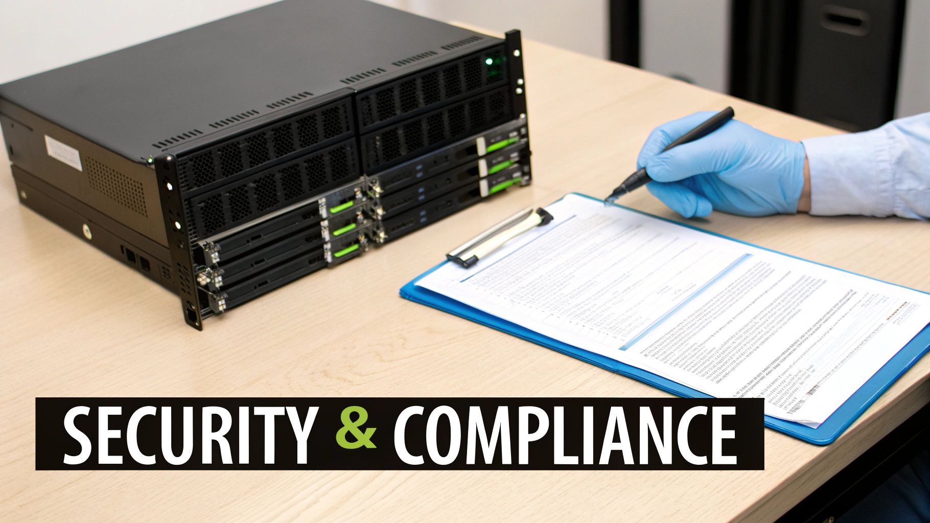A gloved hand signs a document on a clipboard next to black server racks, depicting IT compliance.