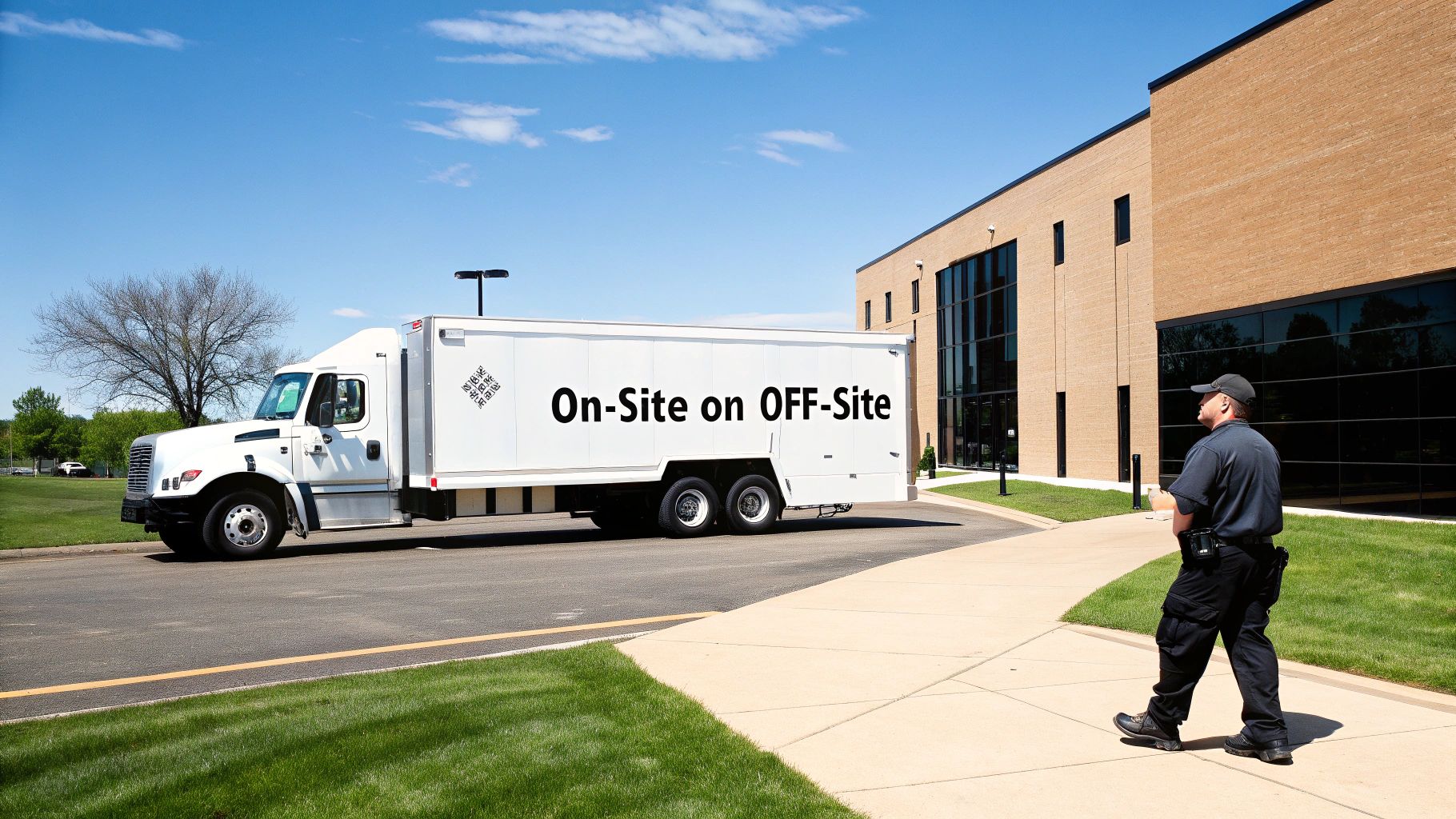 A secure mobile data destruction truck is parked outside a building as a security guard walks past.