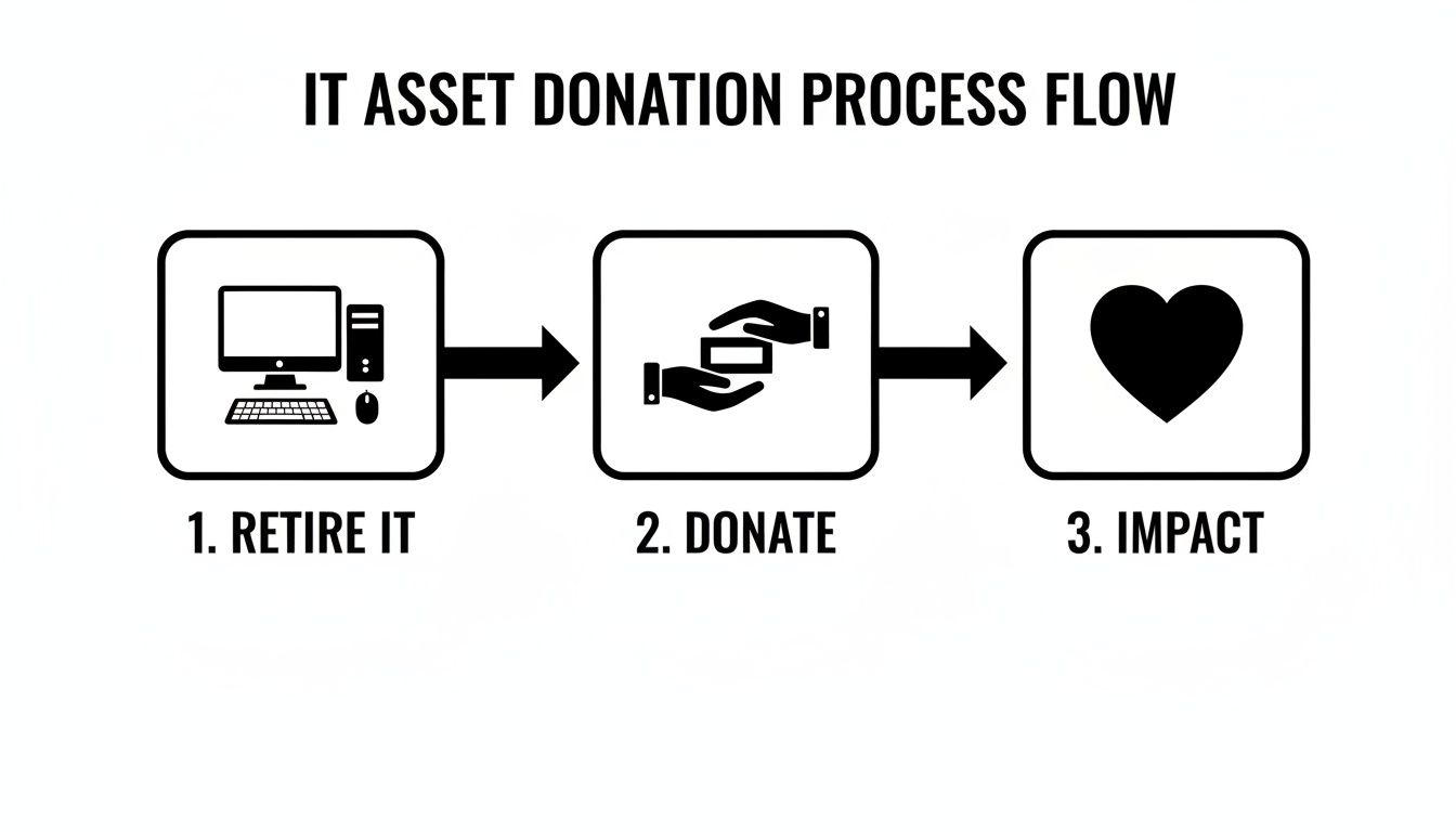 A flowchart illustrating the IT asset donation process, showing steps: Retire IT, Donate, and Impact.
