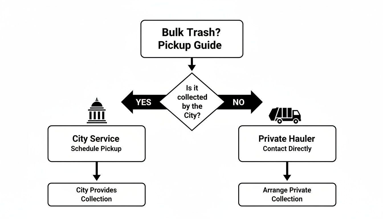 A flowchart guiding users on bulk trash pickup, differentiating between city collection and private hauler services.
