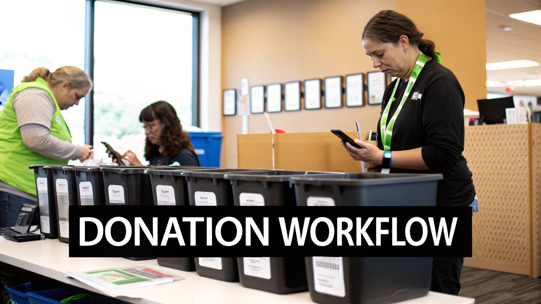 Employees collaborating on an internal donation program.