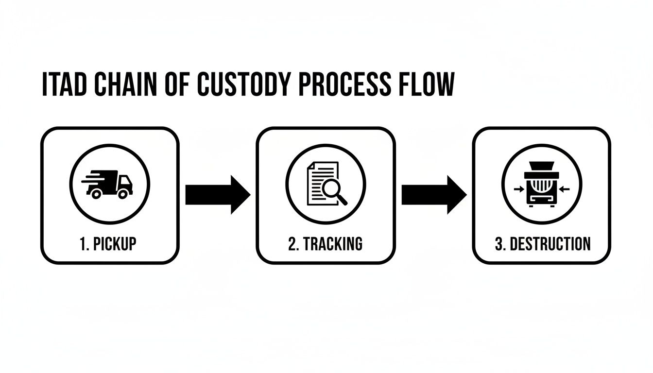 ITAD chain of custody process flow diagram illustrating pickup, tracking, and destruction of assets.