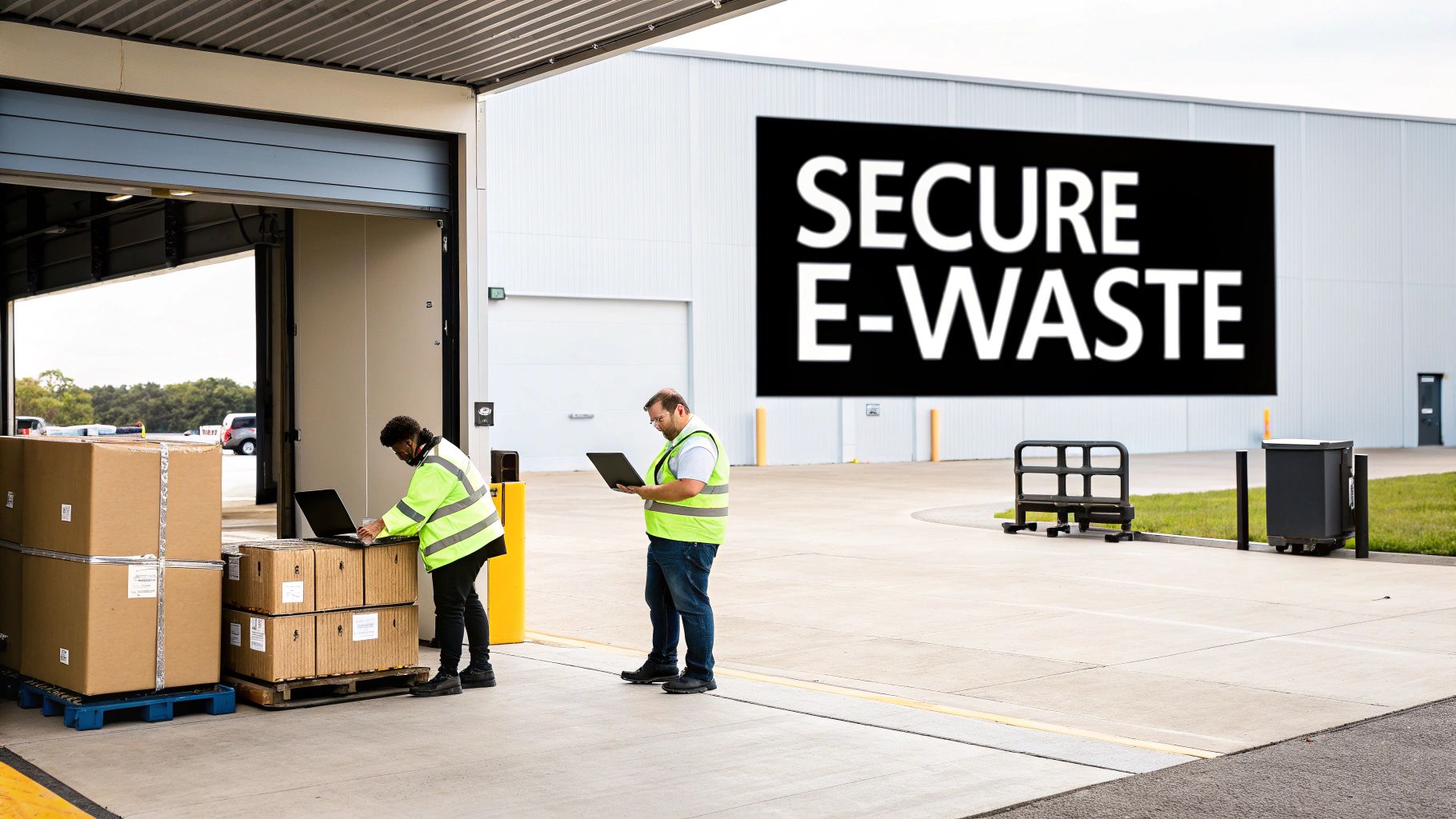 Two workers in high-visibility vests process secure e-waste shipments at a recycling facility.