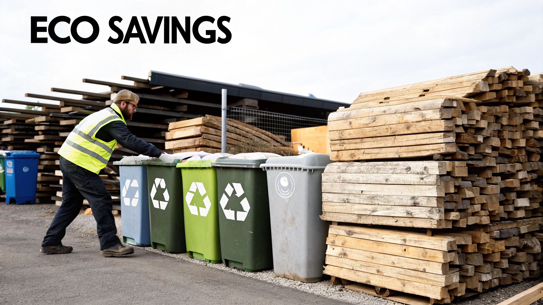 A man in a high-vis vest recycles waste into bins next to stacks of lumber.