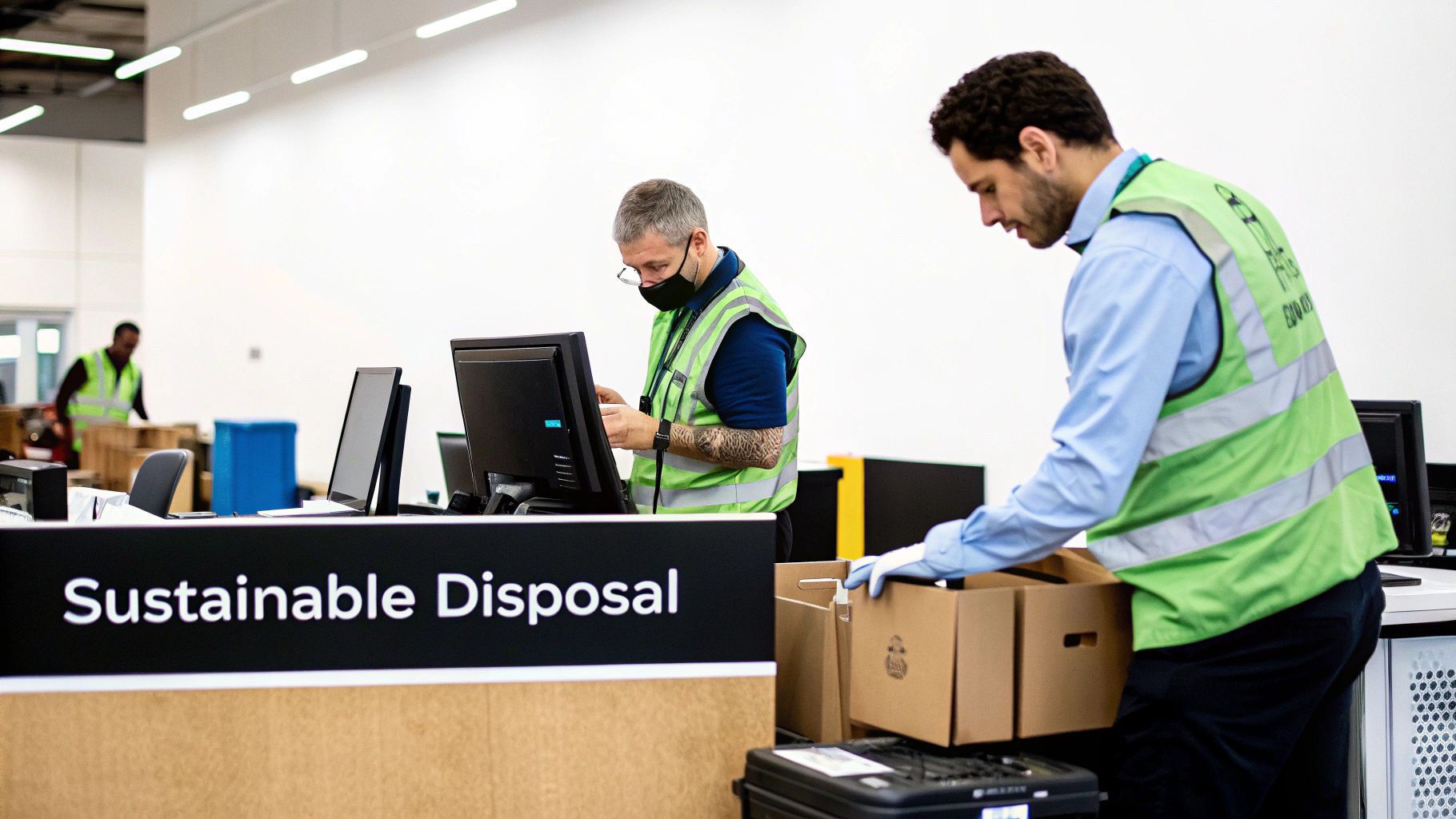 Workers in green vests at a "Sustainable Disposal" facility, processing materials at computer stations.