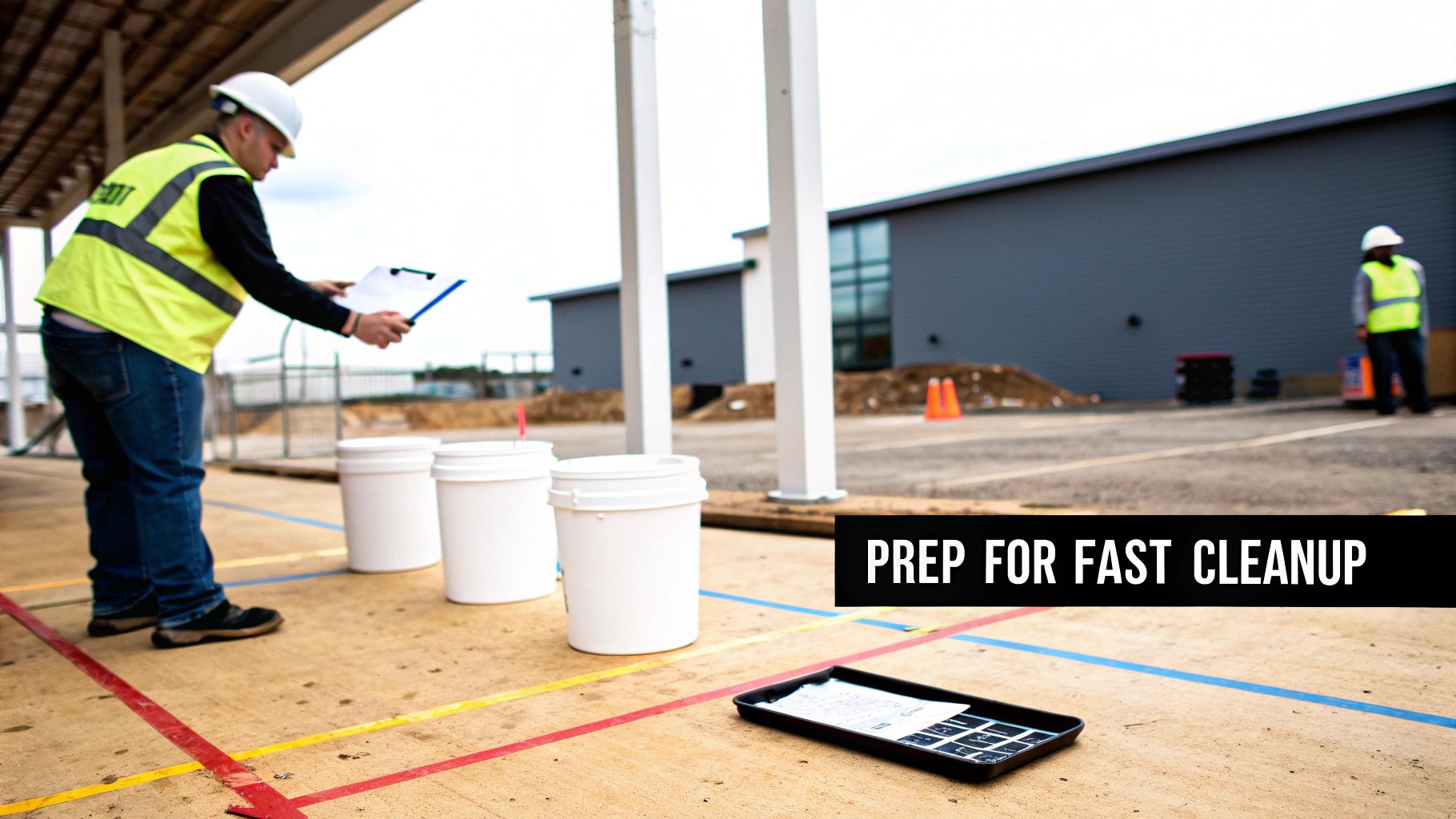 A construction worker in a hard hat and safety vest reviews documents, standing near white buckets on a marked floor.