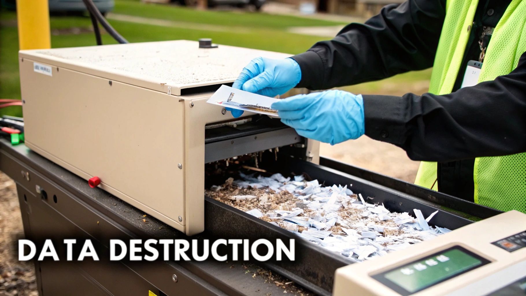 Gloved hands insert a data card into an industrial shredder for secure data destruction.