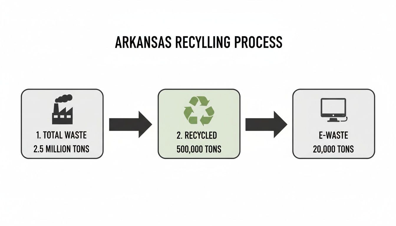 Infographic showing Arkansas waste management: 2.5 million tons total waste, 500,000 tons recycled, and 20,000 tons of e-waste.