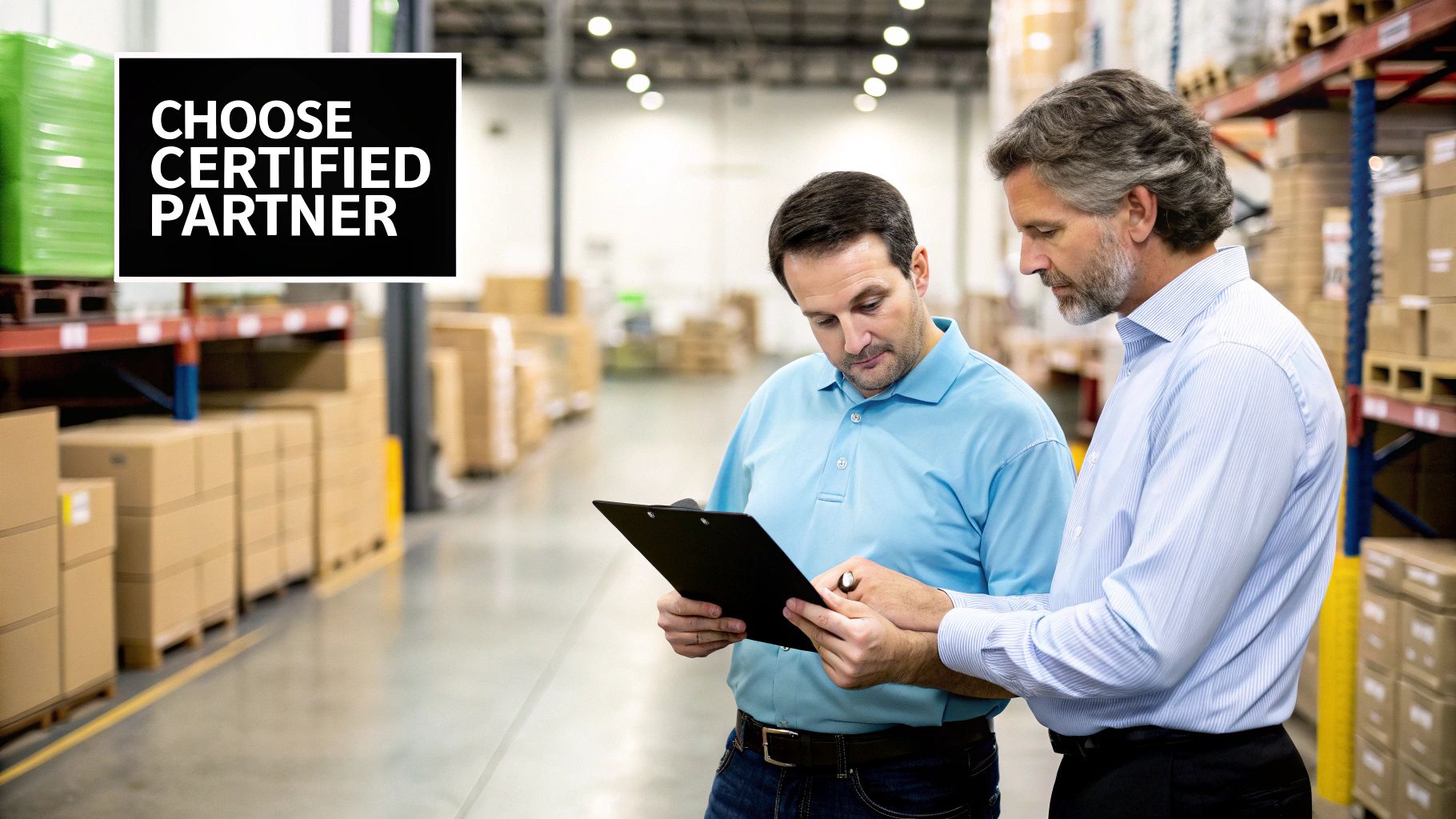 Two men in a warehouse review documents on a clipboard, with a 'CHOOSE CERTIFIED PARTNER' sign.
