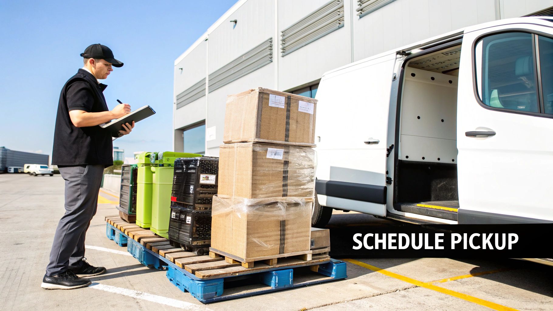 A team of professionals loading packed electronic waste onto a truck for recycling.