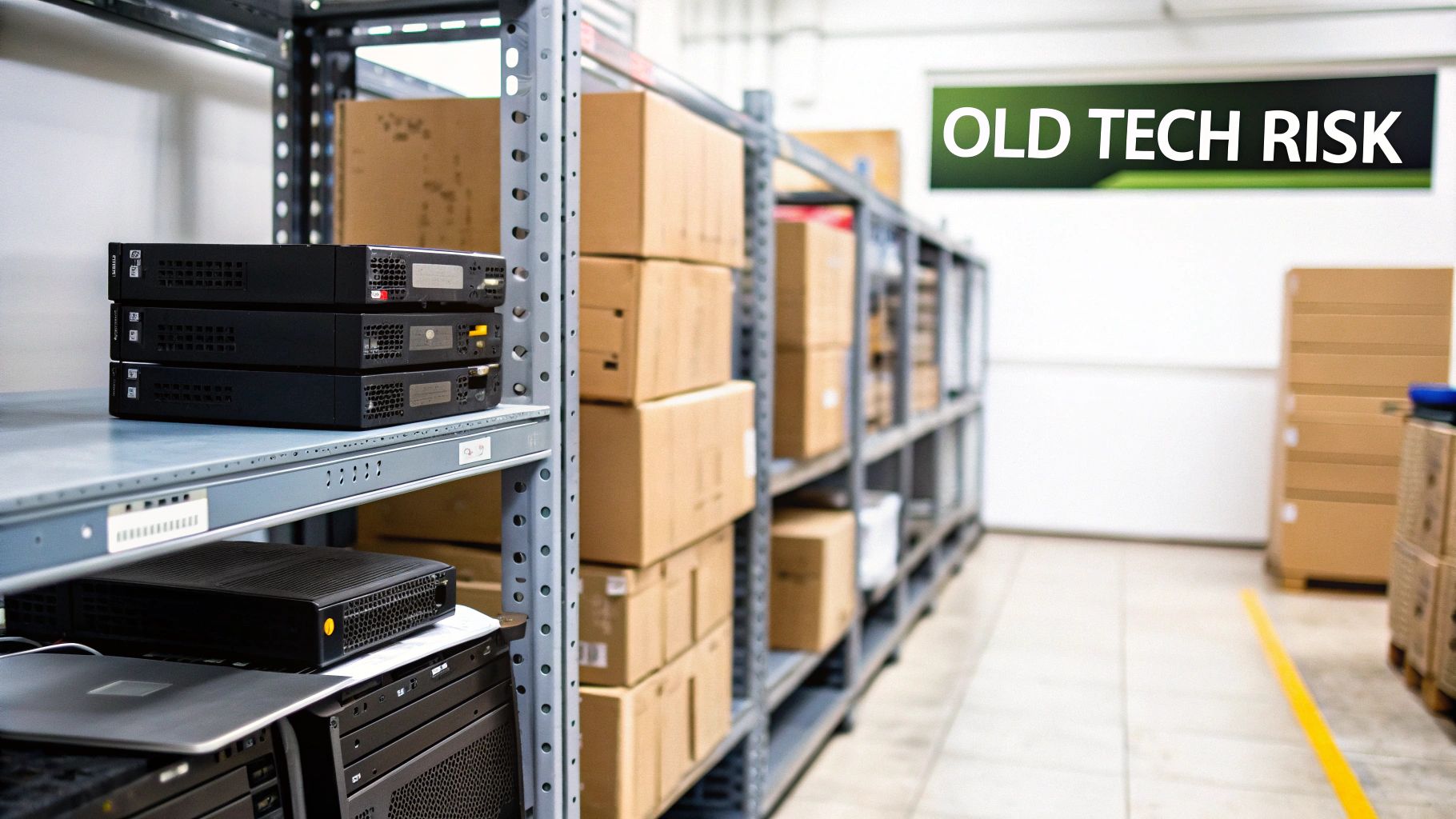 A secure facility with organized rows of servers and IT equipment ready for recycling.
