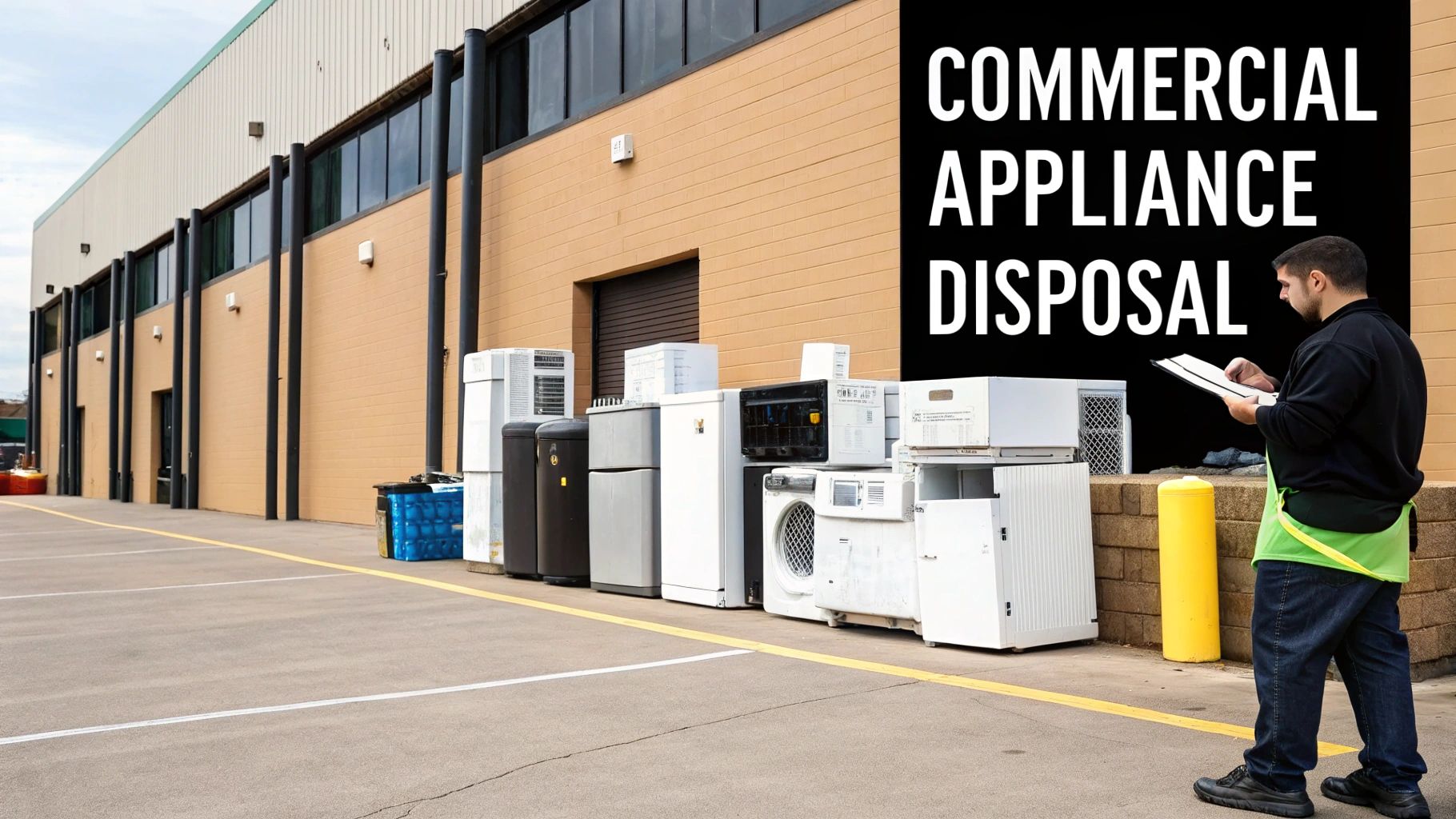 A worker reviews a clipboard next to various commercial appliances awaiting disposal outside a building.