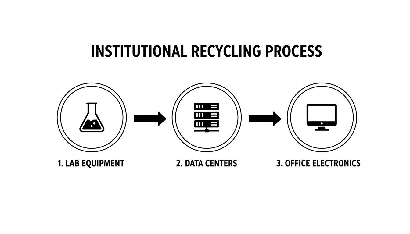 Flowchart showing institutional recycling process for lab equipment, data centers, and office electronics.